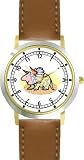 Triceratops - Cute Colorful Cartoon Dinosaur Animal - WATCHBUDDY® DELUXE TWO-TONE THEME WATCH - Arabic Numbers - Brown Leather Strap-Children's Size-Small ( Boy's Size & Girl's Size )