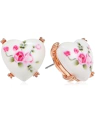 Betsey Johnson "Vintage Bows" Floral Printed Heart Stud Earrings