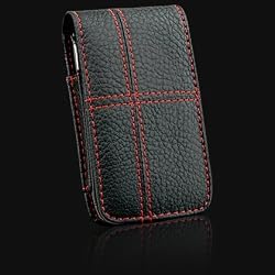 Executive Black Leather Red Stitching Pouch Cover Belt CLIP for Samsung Helio Mysto Fin / Sony Ericsson W580i w580 S500 / ZTE C88