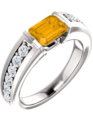 10K White Gold 7.00x5.00mm Emerald Cut Citrine and Diamond Ring -- LIFETIME WARRANTY