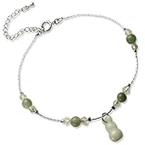 Hand Carved Jade Gourd (Hu Lu) Bead and Crystal Anklet 8.5" with 2" Chain Extender
