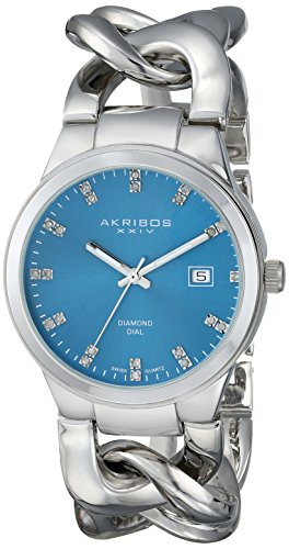 Akribos XXIVWomen's Double Diamond Hour Markers Watch - Swiss Quartz Movement with Sunburst Effect Dial and Twisted Chain Bracelet - AK759