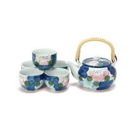 6-pc Japanese Tea Set - Cobalt Blue with Light Pink and Blue Flowers by Miya of Japan
