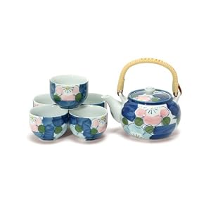 6-pc Japanese Tea Set - Cobalt Blue with Light Pink and Blue Flowers by Miya of Japan