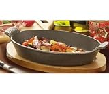 Oval Cast Iron Serving Dish With Handles Compete with Wooden Stand