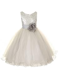 Toddler Infant Sleeveless Spaghetti Strap Empire   Waistline Knee Length Satin  Sequined Flowy Mesh Flower-Girl Dress/Wedding Party Dress  With Ruffles