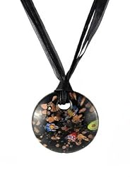 Necklace - N115 - Murano Glass Style - Round Shape ~ Black and Copper with Millefiore Flowers hung on 5 Strand Organza and Cotton Cord + 2" Extension Chain