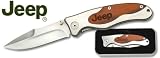 Jeep Folding Knife with Wood Inlay Handle, Stainless Steel Blade, and Gift Box - Nice Hunting / Camping Knife