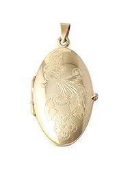 14k Yellow Gold 8.0 Grams Carved Flower Design Polished 1.70" Tall Oval Locket Pendant with 18" Chain Included. Made in Italy