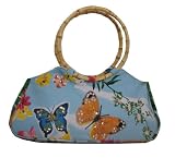 Butterfly in Garden' Print Sequined Canvas Round Handle Beach Bag - SwankySwans