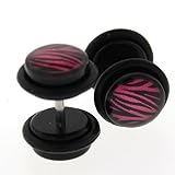 Fake Acrylic Plugs - Black with Pink Zebra Design 16g Wire; 8mm - Sold as a Pair