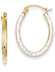 MadiK® 14k Yellow Gold & Rhodium Textured Hollow Oval Hinged Hoop Earrings