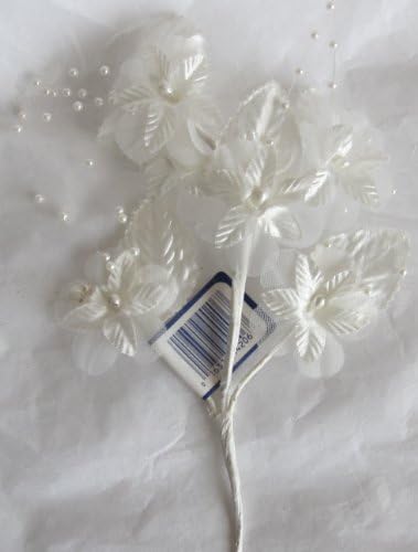 Modern Romance Decorative WHITE Color FABRIC FLOWERS & LEAVES w Faux PEARLS SPRAY on WIRE STEM