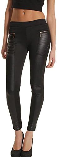 Chisen Women's Imitation Leather Zipper Splicing Legging Pants (S, Black)