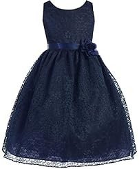 Girls Spring Summer Tea Length Lace Satin  Dress With a Sash 
