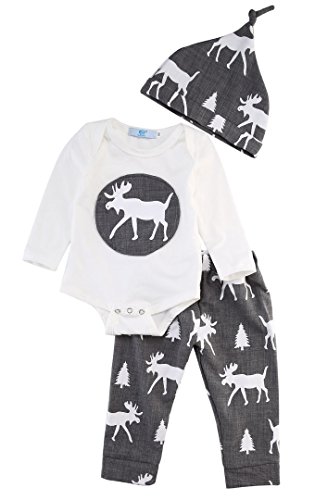 3Pcs Set Newborn Baby Boys Reindeer Long Sleeve Bodysuit Pants Hat Outfits Xmas