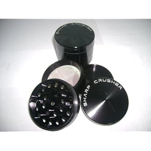 SHARP CUSHER BLACK 2.25″ 4PCS ALUMINUM Herb Pollen Tobacco Spice Grinder w/Pollen Case SHARP CUSHER BLACK 2.25