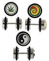Set of 3 Steel Fake Plugs - YingYang, Marijuana Leaf, and Red Yellow and Green Logo - 16g Wire Stud - 8mm Fake Plugs - 3 Pairs