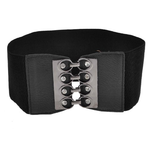 Ladies Glittery Rhinestones Detail Interlock Buckle Elastic Cinch Belt