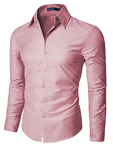 Doublju Mens Dress shirts with Shinning Fabric PINK (US-XL/ASIAN-2XL)