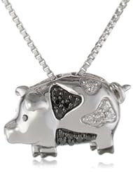 XPY Sterling Silver Diamond Black and White Pig Pendant Necklace, 18"