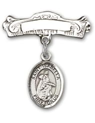 Sterling Silver Baby Badge with St. Isabella of Portugal Charm and Arched Polished Badge Pin
