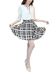 Elbow Length Sleeves Chiffon Elasticized   Waistline Plaid Print  Dress