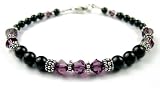 February Birthstone Silver Beaded Bracelet - Swarovski Crystals and Black Pearls
