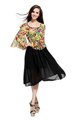 Floral Print Vintage Elasticized   Waistline Chiffon Round Neck  Dress