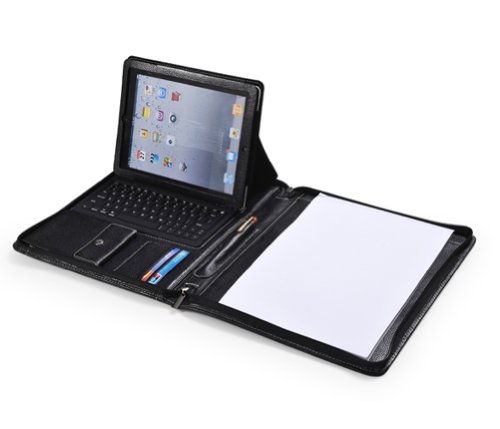 Black iPad Zippered Leather Padfolio With Bluetooth Keyboard and iPad holder On Sale