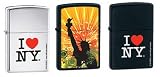 Zippo Lighter Set - I Love NY High Polish Chrome, I Love NY Black Matte and Statue of Liberty Logo