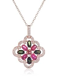 Rose Gold Plated Sterling Silver Pink and Green Tourmaline and Created White Sapphire Pendant Necklace, 18"