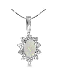10k White Gold Oval Opal And Diamond Pendant (chain NOT included)