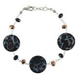 Chuvora Mother of Pearl Leopard Print Round Disc Gold and Black Crystal Bracelet with Lobster Claw Clasp 7''-8'' Fashion Jewelry for Women