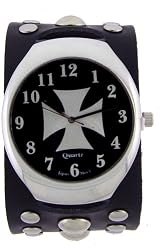 Extra Large Cross Leather Wide Band Trendy Fashion Design Steel Dial Gothic Punk Biker Wristband Watch