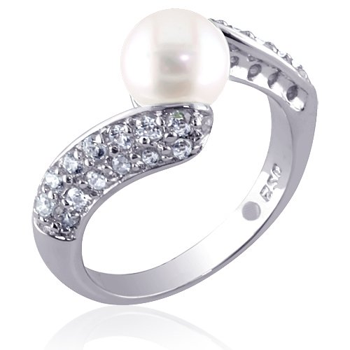 Graceful and Elegant: Sterling Silver Bypass Style Ring with White Cultured Pearl and CZ Diamond