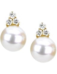 14K Yellow Gold Freshwater Cultured Pearl and Diamond Earrings -- LIFETIME WARRANTY