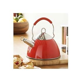 Retro yet Modern Red Enamel & Steel Whistling Kettle