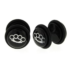 Black Acrylic Faux Plug - Brass Knuckles Logo - 16g Stud Wire - 00g Fake Plug - Sold as a Pair