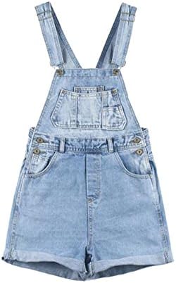 Women Denim Front Flap Pocket Short Overalls Straps Shorts
