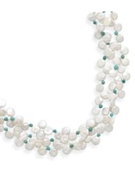 Triple Strand Coin Pearl and Turquoise Bead Necklace, Sterling Silver