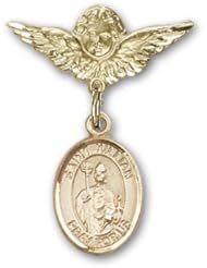 Gold Filled Baby Badge with St. Kilian Charm and Angel with Wings Badge Pin