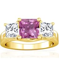 14K Yellow Gold Princess Cut Pink Sapphire Three Stone Ring