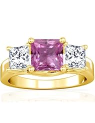 18K Yellow Gold Princess Cut Pink Sapphire Three Stone Ring