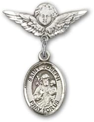 Sterling Silver Baby Badge with St. Joseph Charm and Angel with Wings Badge Pin