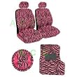 11 Piece Safari Animal Print Auto Interior Gift Set - 2 Pink Zebra Low Back Front Bucket Seat Covers with Separate Headrest Cover, 1 Pink Zebra Steering Wheel Cover,2 Pink Zebra Shoulder Harness Pressure Relief Cover, 2 Pink Zebra Front Floor Mats, and 2 Rear Floor Mats