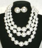 Three Strand Ivory Cultured Graduated Simulated Ivory Pearl Short Chain Necklace and Earrings for Women and Teens