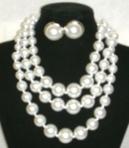 Three Strand Ivory Cultured Graduated Simulated Ivory Pearl Short Chain Necklace and Earrings for Women and Teens