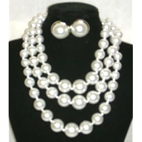 Click here to buy Three Strand Ivory Cultured Graduated Simulated Ivory Pearl Short Chain Necklace and Earrings for... by Gita.