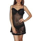 Womens Lingerie Sexy Padded Underwired Bra Sheer Mesh Babydoll Chemise Intimate Apparel - Black